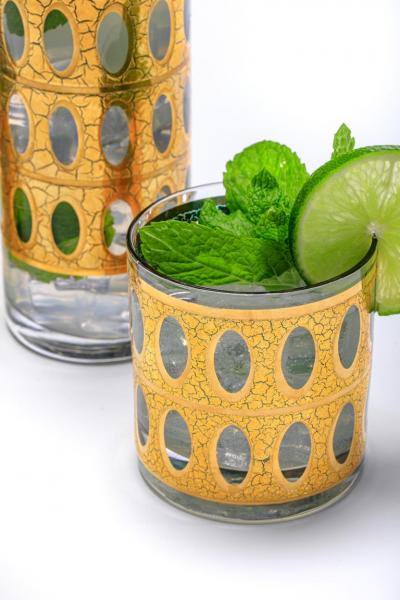  Culver Ltd Mid Century Modern Culver Gold Plated Cocktail Mixer Rocks Glasses Set c 1965