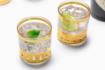  Culver Ltd Mid Century Modern Gold Plated Barware Set of Glasses Mixer by Culver c 1965