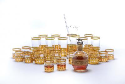  Culver Ltd Mid Century Modern Gold Plated Barware Set of Glasses Mixer by Culver c 1965