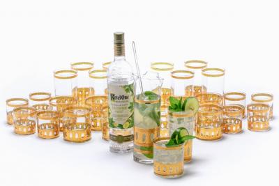  Culver Ltd Mid Century Modern Gold Plated Barware Set of Glasses Mixer by Culver c 1965