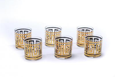  Culver Ltd Mid Century Modern Greek Key 22K Gold Cocktail Mixer and Set of 6 Rocks Glasses