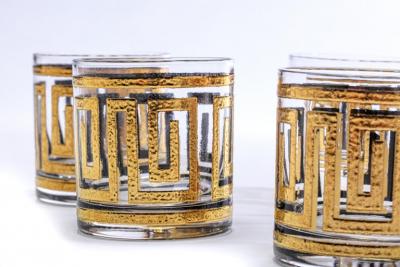  Culver Ltd Mid Century Modern Greek Key 22K Gold Cocktail Mixer and Set of 6 Rocks Glasses