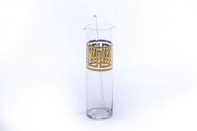  Culver Ltd Mid Century Modern Greek Key 22K Gold Cocktail Mixer and Set of 6 Rocks Glasses