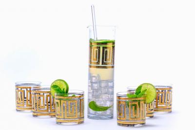 Culver Ltd Mid Century Modern Greek Key 22K Gold Cocktail Mixer and Set of 6 Rocks Glasses