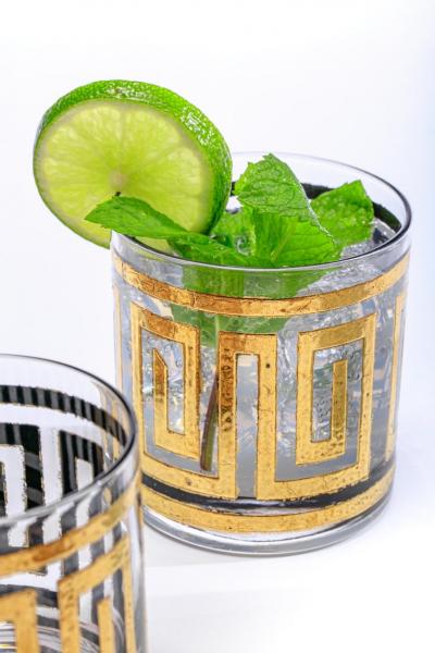  Culver Ltd Mid Century Modern Greek Key 22K Gold Cocktail Mixer and Set of 6 Rocks Glasses