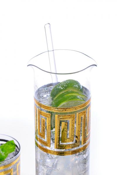  Culver Ltd Mid Century Modern Greek Key 22K Gold Cocktail Mixer and Set of 6 Rocks Glasses