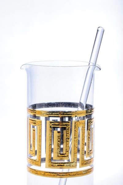  Culver Ltd Mid Century Modern Greek Key 22K Gold Cocktail Mixer and Set of 6 Rocks Glasses