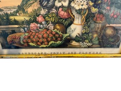  Currier and Ives ANTIQUE LANDSCAPE FRUIT AND FLOWERS EARLY BRIGHTLY COLORED PRINT