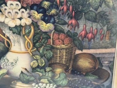  Currier and Ives ANTIQUE LANDSCAPE FRUIT AND FLOWERS EARLY BRIGHTLY COLORED PRINT