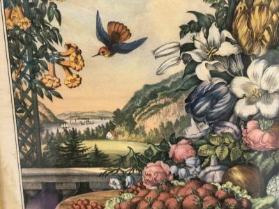 Currier and Ives ANTIQUE LANDSCAPE FRUIT AND FLOWERS EARLY BRIGHTLY COLORED PRINT