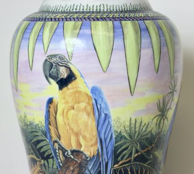  D LANGFORD K HN Porcelain Vase Decorated with Parrots by D Langford K hn 1989 USA