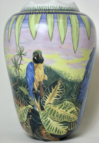  D LANGFORD K HN Porcelain Vase Decorated with Parrots by D Langford K hn 1989 USA