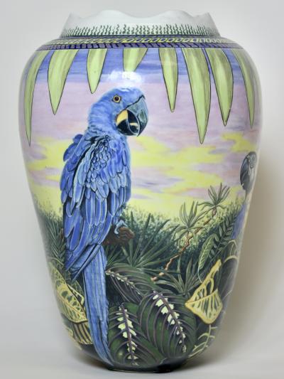  D LANGFORD K HN Porcelain Vase Decorated with Parrots by D Langford K hn 1989 USA
