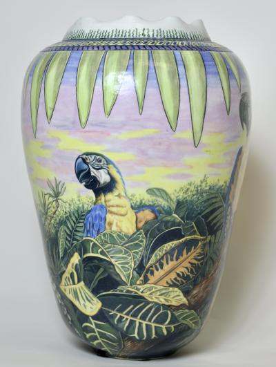  D LANGFORD K HN Porcelain Vase Decorated with Parrots by D Langford K hn 1989 USA