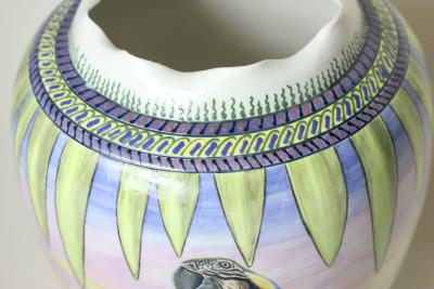  D LANGFORD K HN Porcelain Vase Decorated with Parrots by D Langford K hn 1989 USA