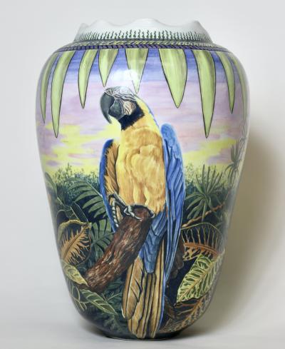  D LANGFORD K HN Porcelain Vase Decorated with Parrots by D Langford K hn 1989 USA