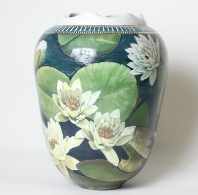  D LANGFORD K HN Porcelain Vase Decorated with Water Lilies by D Langford K hn 1989 USA