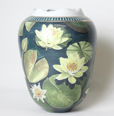  D LANGFORD K HN Porcelain Vase Decorated with Water Lilies by D Langford K hn 1989 USA
