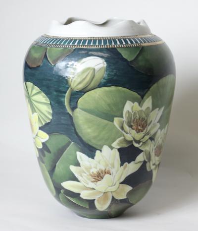  D LANGFORD K HN Porcelain Vase Decorated with Water Lilies by D Langford K hn 1989 USA