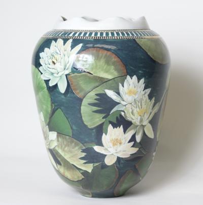  D LANGFORD K HN Porcelain Vase Decorated with Water Lilies by D Langford K hn 1989 USA