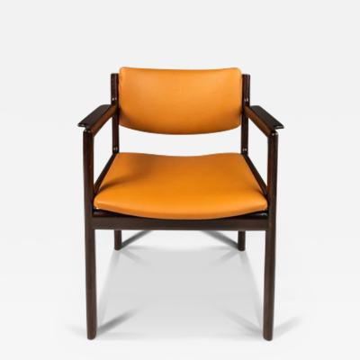  Danish Overseas Imports Set of Six 6 Danish Modern Arm Chairs in Solid Mahogany Caramel Leather