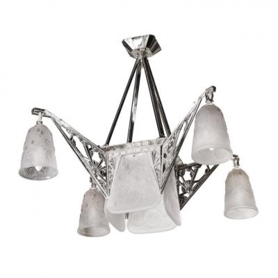  Daum Daum Nancy Art Deco Four Arm Frosted Glass Nickeled Bronze Chandelier by Daum Nancy