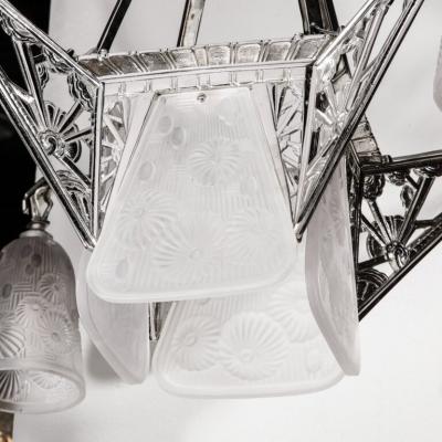  Daum Daum Nancy Art Deco Four Arm Frosted Glass Nickeled Bronze Chandelier by Daum Nancy