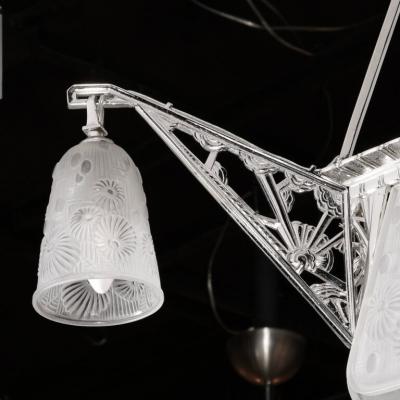  Daum Daum Nancy Art Deco Four Arm Frosted Glass Nickeled Bronze Chandelier by Daum Nancy