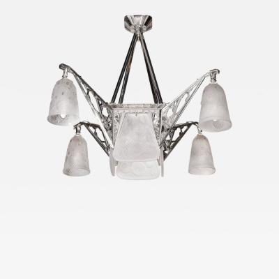  Daum Daum Nancy Art Deco Four Arm Frosted Glass Nickeled Bronze Chandelier by Daum Nancy