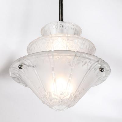  Daum Daum Nancy Art Deco Molded Frosted Glass Pendant Relief Detailed Chandelier signed Daum