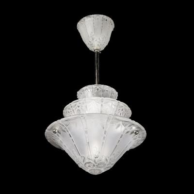  Daum Daum Nancy Art Deco Molded Frosted Glass Pendant Relief Detailed Chandelier signed Daum