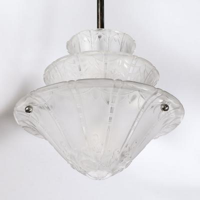  Daum Daum Nancy Art Deco Molded Frosted Glass Pendant Relief Detailed Chandelier signed Daum