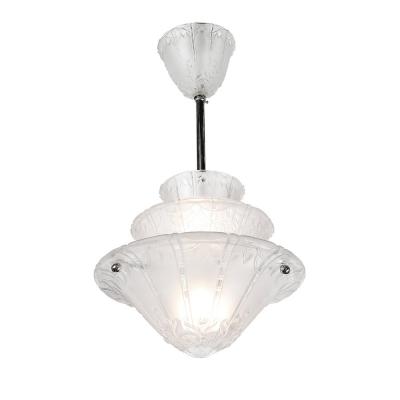  Daum Daum Nancy Art Deco Molded Frosted Glass Pendant Relief Detailed Chandelier signed Daum