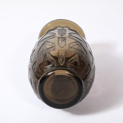  Daum Daum Nancy Art Deco signed Daum Acid Etched Smoked Glass Vase w Geometric Motif
