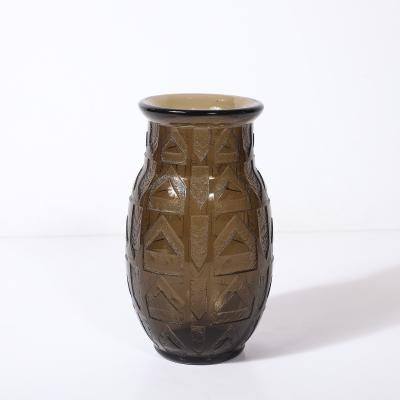  Daum Daum Nancy Art Deco signed Daum Acid Etched Smoked Glass Vase w Geometric Motif