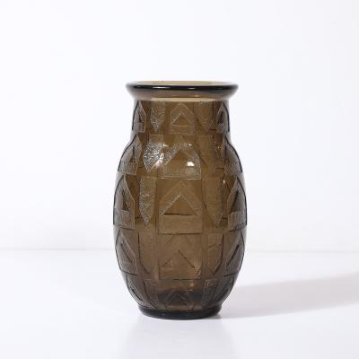  Daum Daum Nancy Art Deco signed Daum Acid Etched Smoked Glass Vase w Geometric Motif