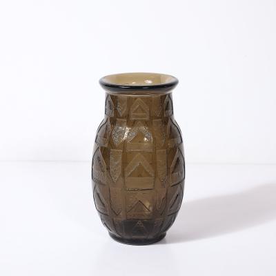  Daum Daum Nancy Art Deco signed Daum Acid Etched Smoked Glass Vase w Geometric Motif