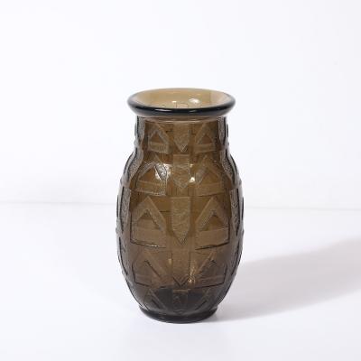  Daum Daum Nancy Art Deco signed Daum Acid Etched Smoked Glass Vase w Geometric Motif