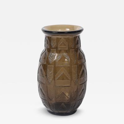  Daum Daum Nancy Art Deco signed Daum Acid Etched Smoked Glass Vase w Geometric Motif
