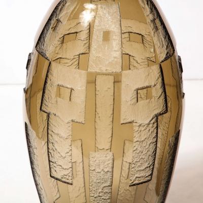  Daum Daum Nancy Pair of Art Deco Totem Form Vases in Acid Etched Smoked Geometric Glass by Daum