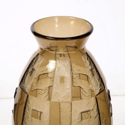  Daum Daum Nancy Pair of Art Deco Totem Form Vases in Acid Etched Smoked Geometric Glass by Daum