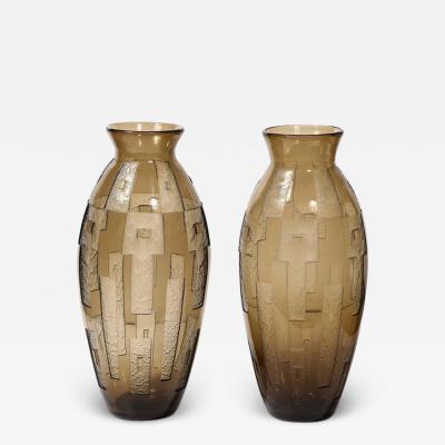  Daum Daum Nancy Pair of Art Deco Totem Form Vases in Acid Etched Smoked Geometric Glass by Daum
