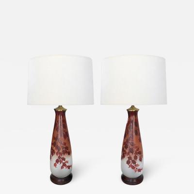  Daum Large pair of French Leune Daum enameled vases as lamps signed Leune