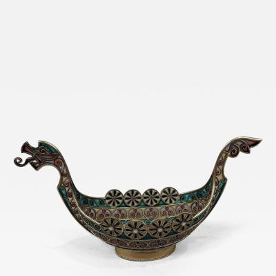  David Andersen David Andersen Plique Jour Viking Dragonhead Longboat Bowl