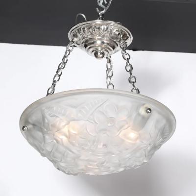  Degu Art Deco Frosted Glass Floral Cubist Chandelier w Chrome Fittings Signed Degu 