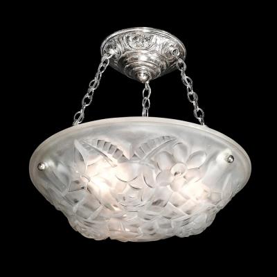  Degu Art Deco Frosted Glass Floral Cubist Chandelier w Chrome Fittings Signed Degu 