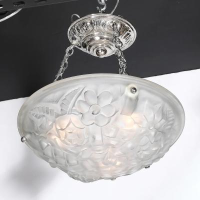  Degu Art Deco Frosted Glass Floral Cubist Chandelier w Chrome Fittings Signed Degu 