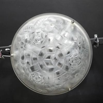 Degu Art Deco Frosted Glass Floral Cubist Chandelier w Chrome Fittings Signed Degu 