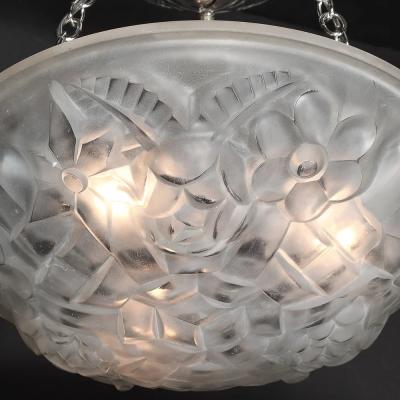  Degu Art Deco Frosted Glass Floral Cubist Chandelier w Chrome Fittings Signed Degu 