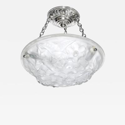  Degu Art Deco Frosted Glass Floral Cubist Chandelier w Chrome Fittings Signed Degu 